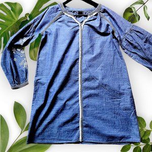 Embroidered Cotton Denim Dress w Puff Sleeve, sz XL 14-16